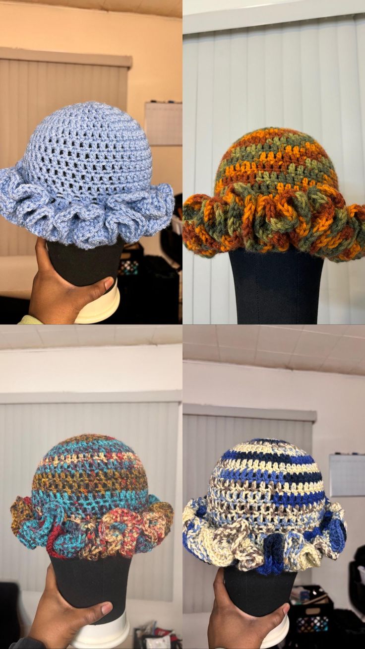 four hats are shown with different colors and patterns on them, one is crocheted