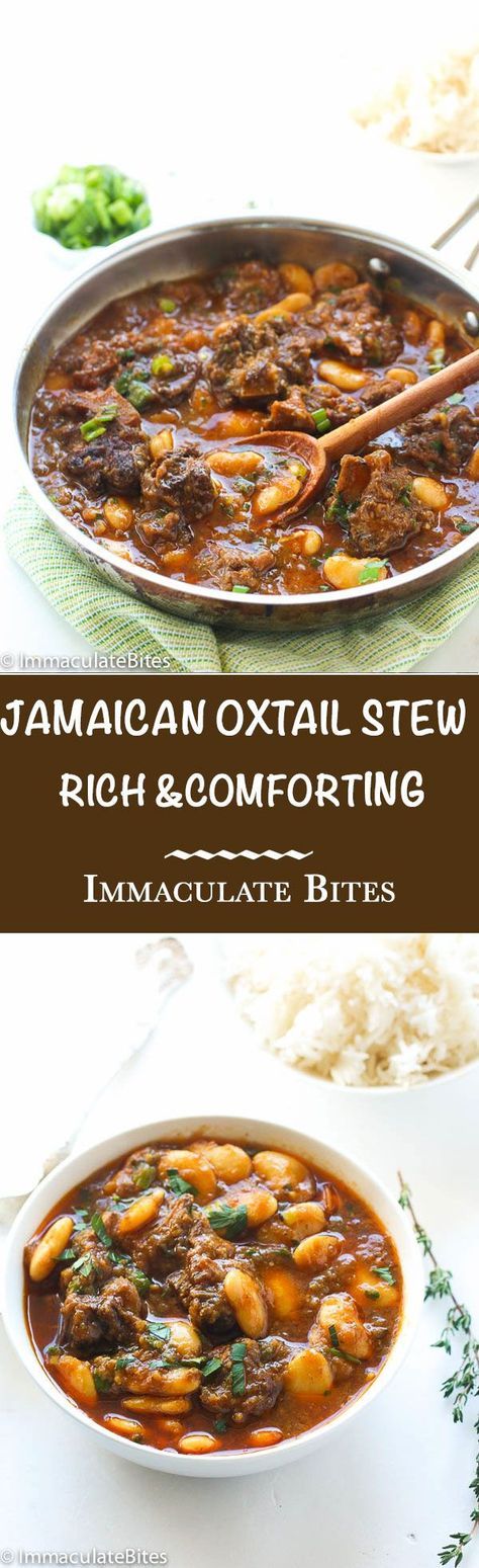 jamaican oxtail stew with rice and broccoli in a bowl