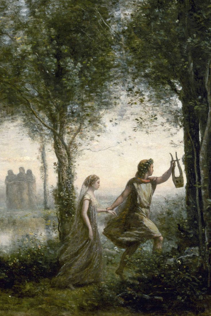 an image of a man and woman in the woods with trees on either side of them