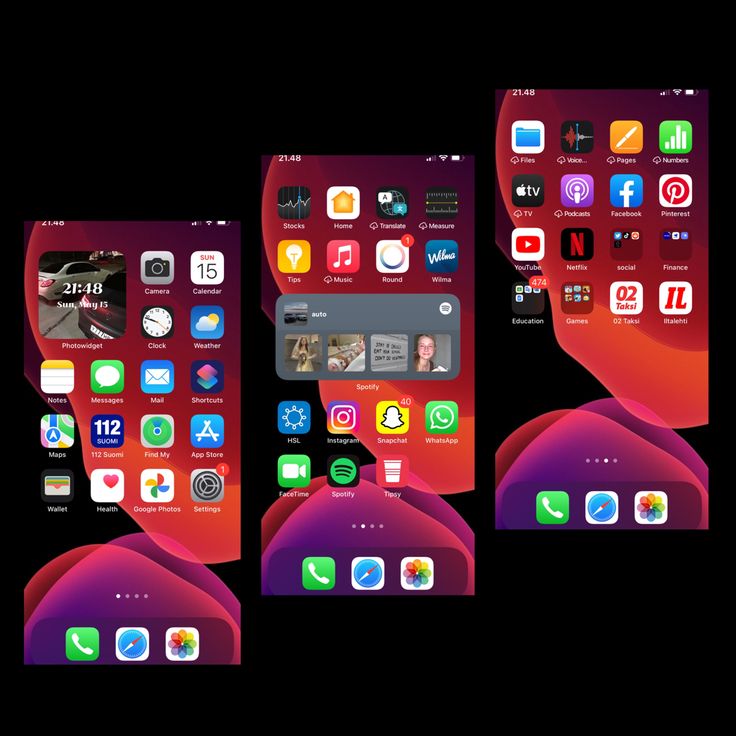 the iphone's home screen is shown in three different angles, with icons displayed