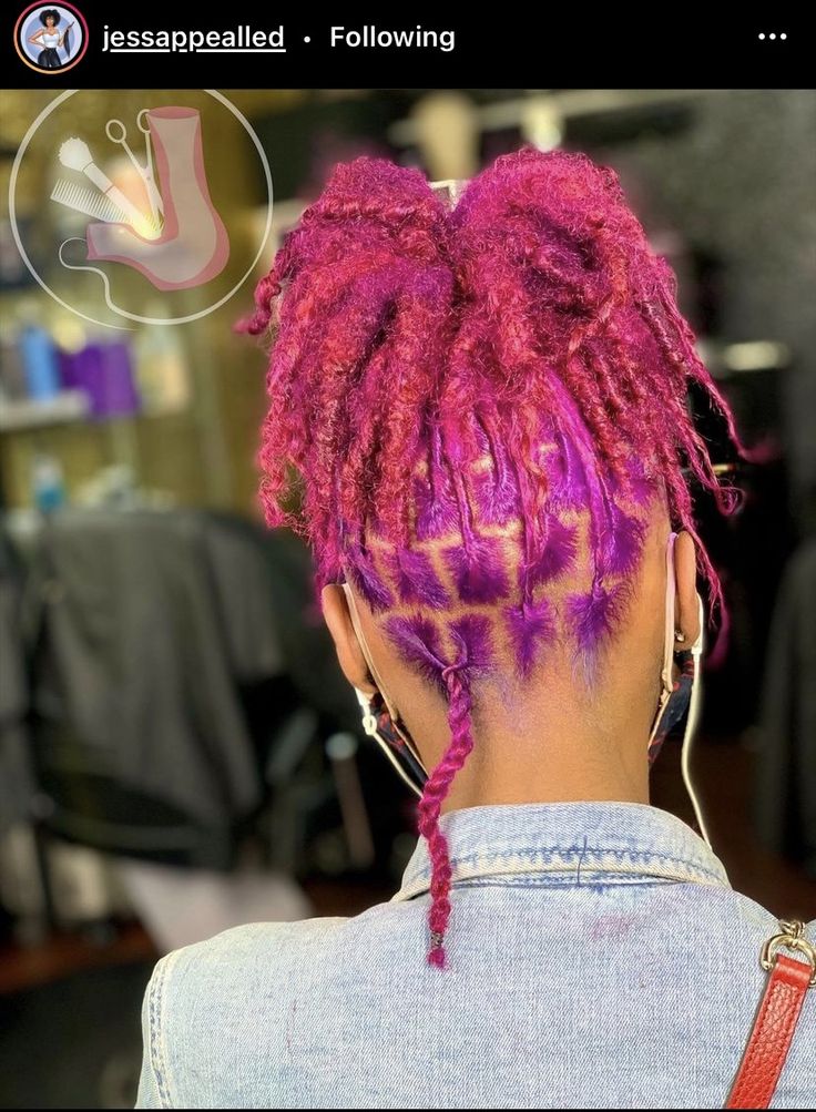 Pink And Purple Locs Black Women, Womens Locs Hairstyles, Pink Microlocs, Pink Dreads Black Women, Colorful Locs Black Women, Multi Colored Locs, Dyed Locs Hairstyles, Pink And Purple Locs, Purple Locs Black Women