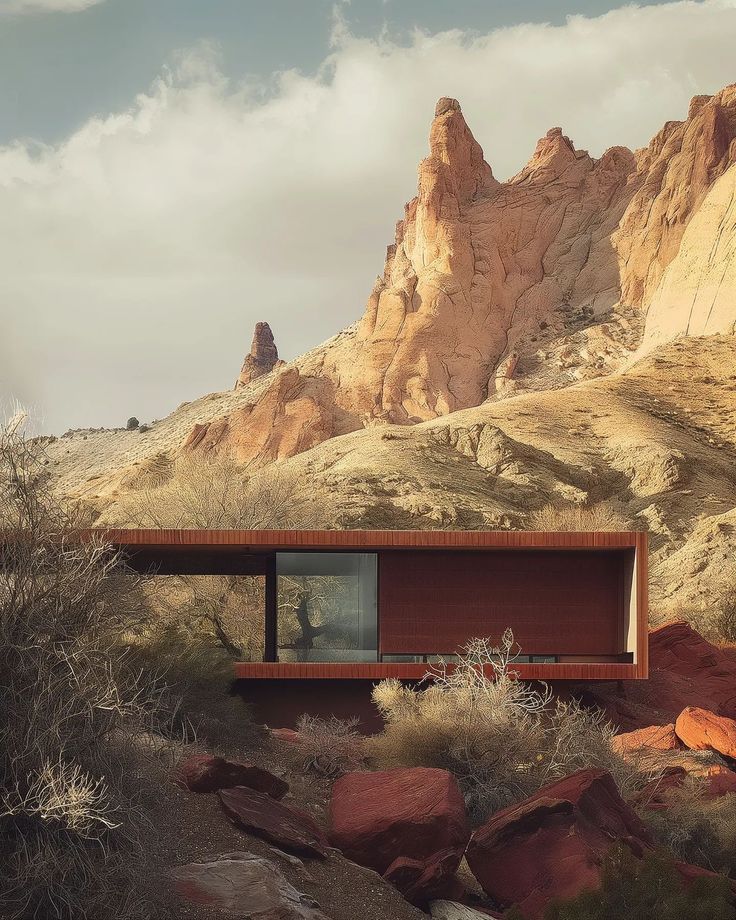 a house in the desert with mountains behind it