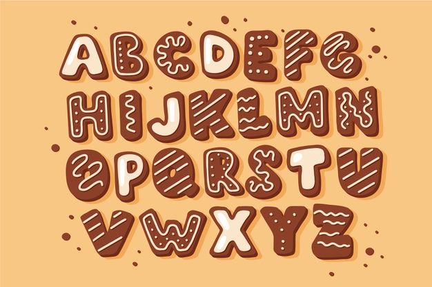 the alphabet is made up of chocolate and has letters that spell out, which are outlined in