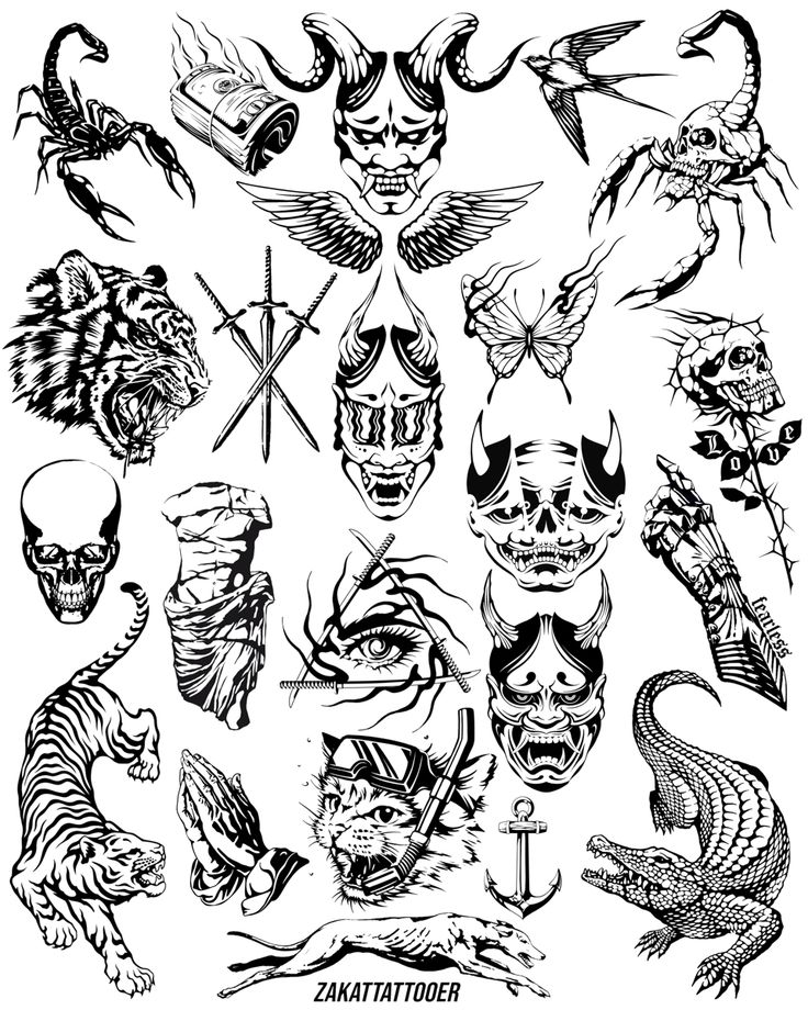 an assortment of tattoo designs on a white background, including skulls and other symbols in black ink