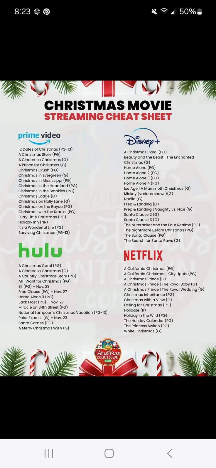 the christmas movie streaming sheet for disney's holiday movies is shown in this screenshot