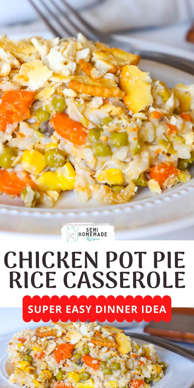 chicken pot pie rice casserole on a white plate