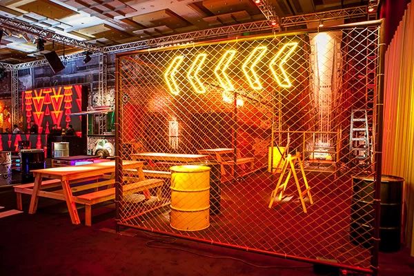 the interior of a restaurant with neon lights