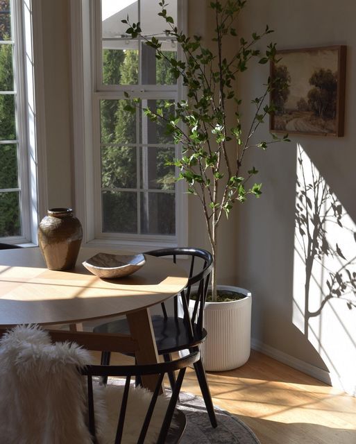 a table and chairs in a room with windows