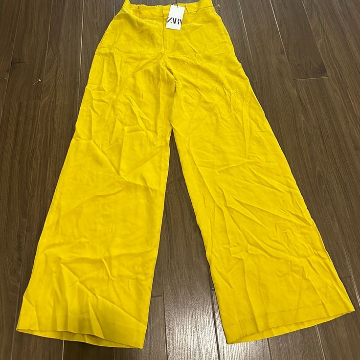 Zara Yellow Pants Yellow Bottoms With Pockets For Spring, Yellow Wide Leg Bottoms For Spring, Yellow High-waisted Pants For Spring, Trendy High-waisted Linen Pants, Summer High-waisted Pants For Work, Yellow Wide-leg Workwear Bottoms, Yellow Wide-leg Pants For Work, Summer Wide-leg Workwear Pants, Yellow Wide-leg Workwear Pants