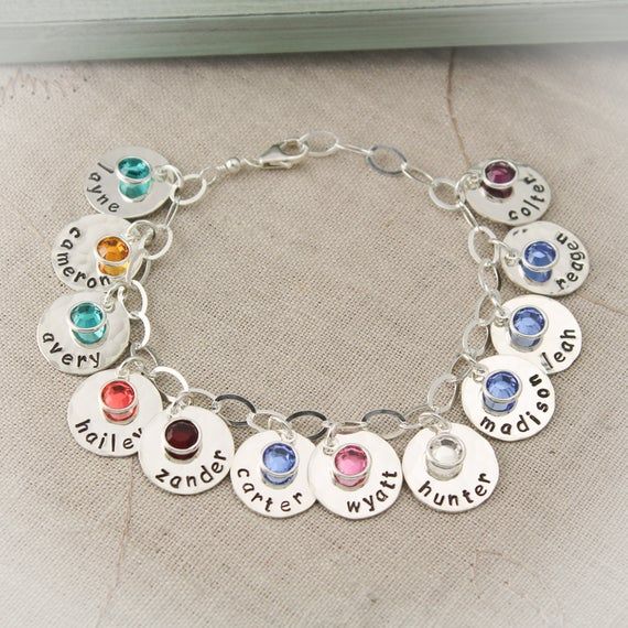 Personalized Mother Charm Bracelet with Birthstones, Mommy Jewelry, Grandma Charm Bracelet, Mothers Day Gift, Gifts for Her, Hand Stamped Little Jewels Mother/Grandmother Charm Bracelet  All sterling silver charm bracelet with 5/8 disc hand stamped names and adorned with a Swarovski crystal Diy Bracelets With Names, Funky Monkey, Mommy Jewelry, Metal Stamped Jewelry, Fine Silver Jewelry, Jewelry Bracelets Silver, Sterling Silver Charm Bracelet, Gift Certificate, Hand Stamped Jewelry