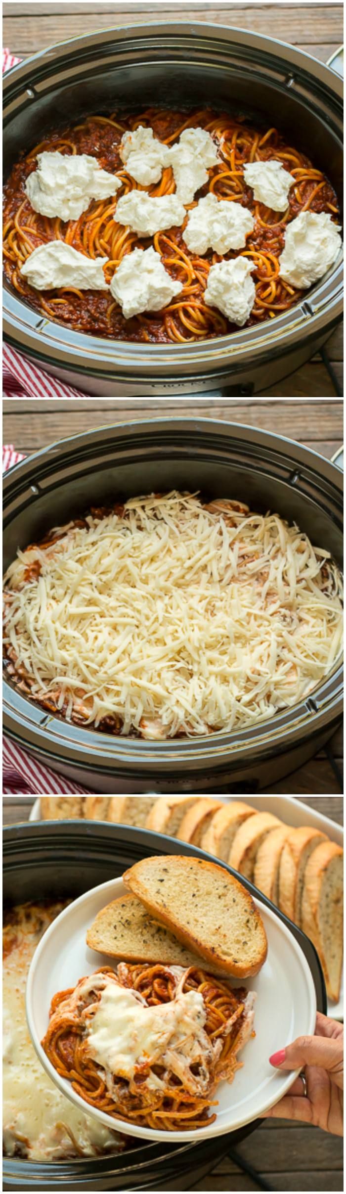 the steps to make lasagna casserole are shown in three different stages