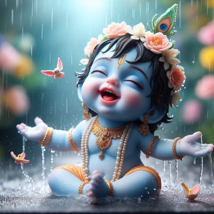 there is a little blue baby sitting in the rain with his hands out and eyes closed