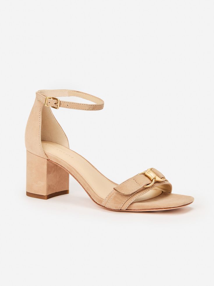 Crafted from soft suede and adorned with gold hardware, these open-toe shoes exude sophistication. The sturdy block heel offers both style and comfort, making them ideal for transitioning from day to night. | J.McLaughlin Women's Chiaera Suede Heels Sand, Size 11