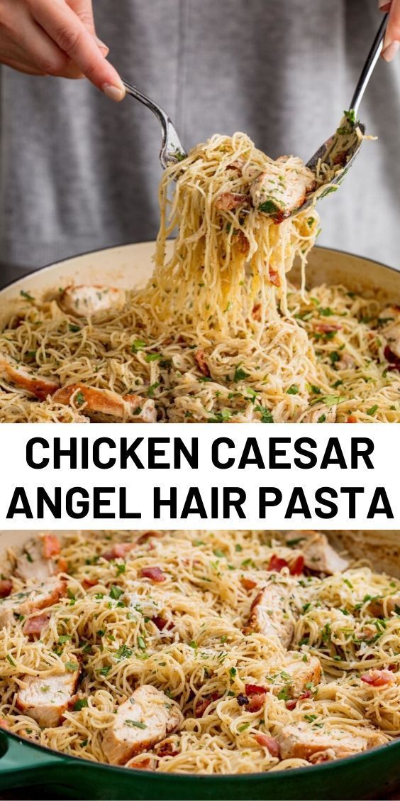 chicken caesar angel hair pasta in a green skillet with the words chicken caesar angel hair pasta