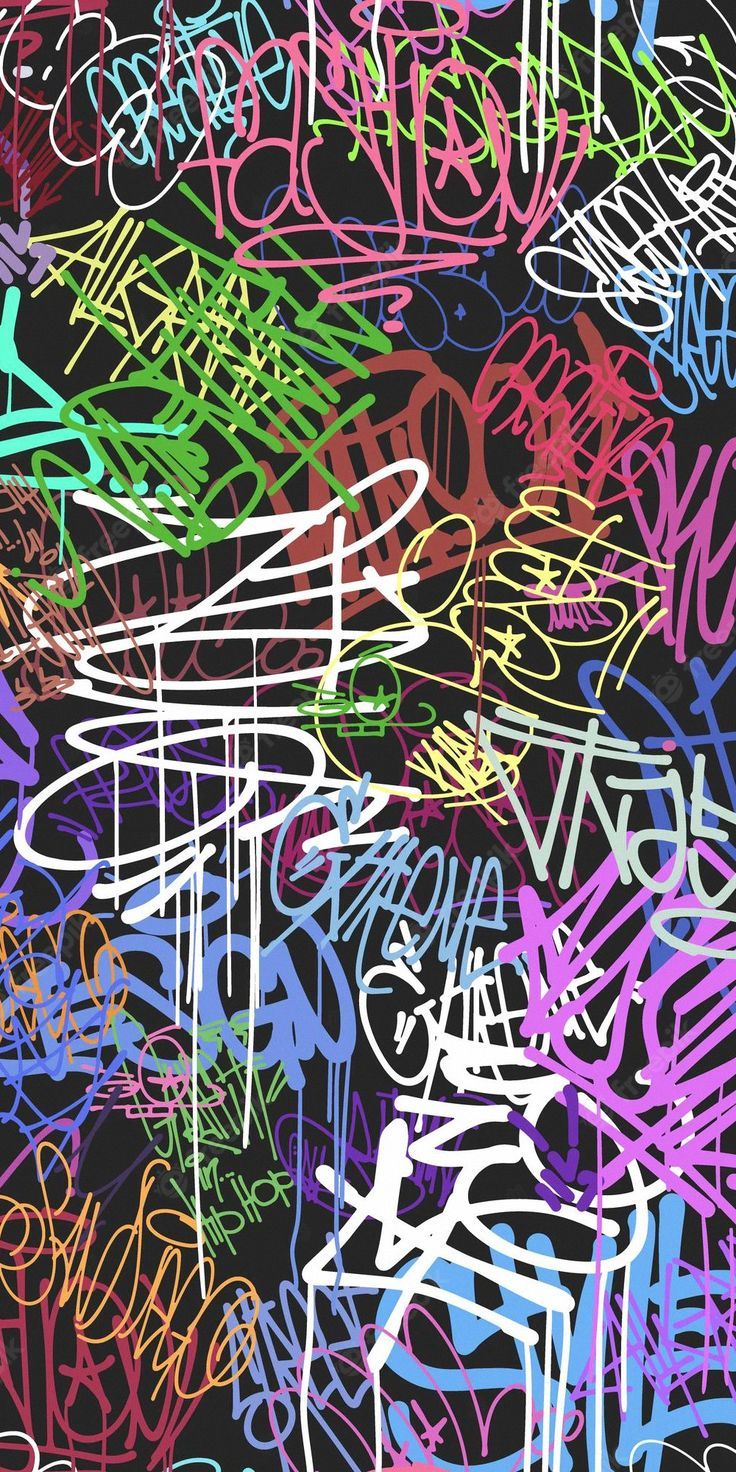 an image of graffiti written in different colors and sizes on a black background with white writing