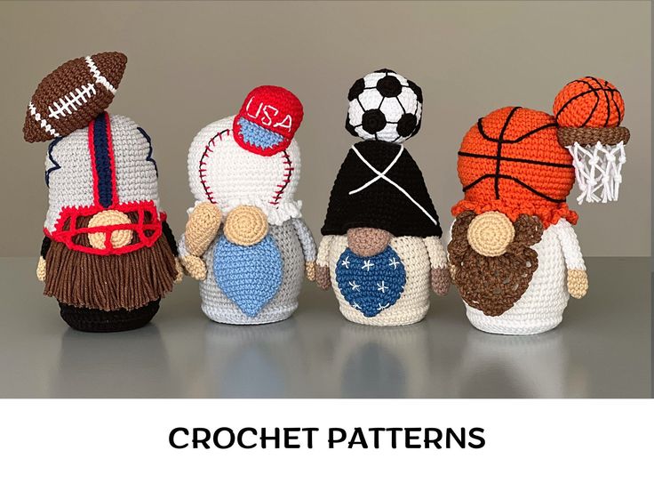 four crocheted sports dolls are lined up in a row with the words crochet patterns below them