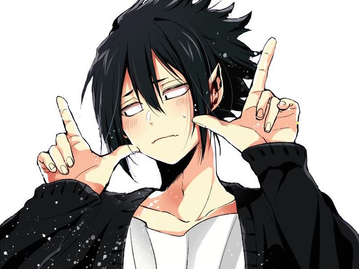 an anime character with black hair and white shirt holding his hand up in the air