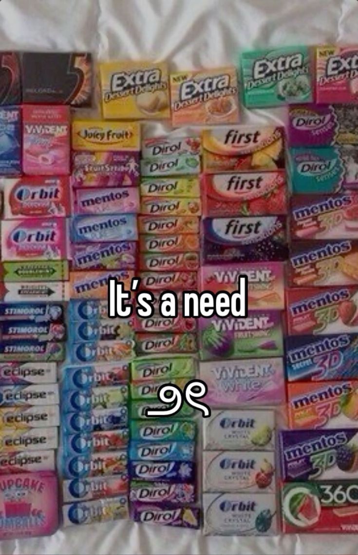 the words it's a need written in front of many different types of snacks