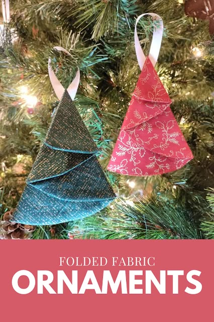 folded fabric ornaments hanging from a christmas tree with text overlay that reads folded fabric ornaments