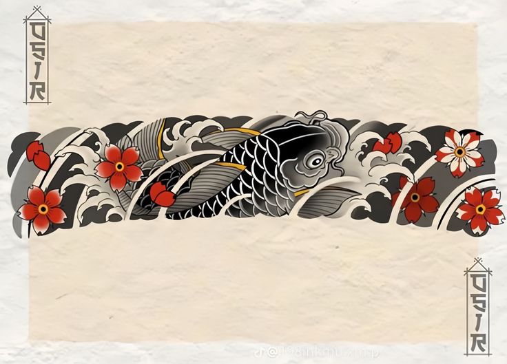 a drawing of a fish with flowers on it's side and in the middle