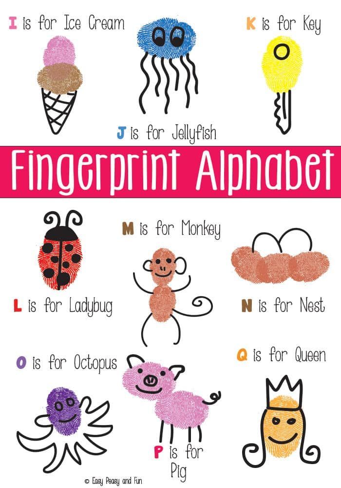 the fingerprint alphabet for children with pictures of different animals and their names on it