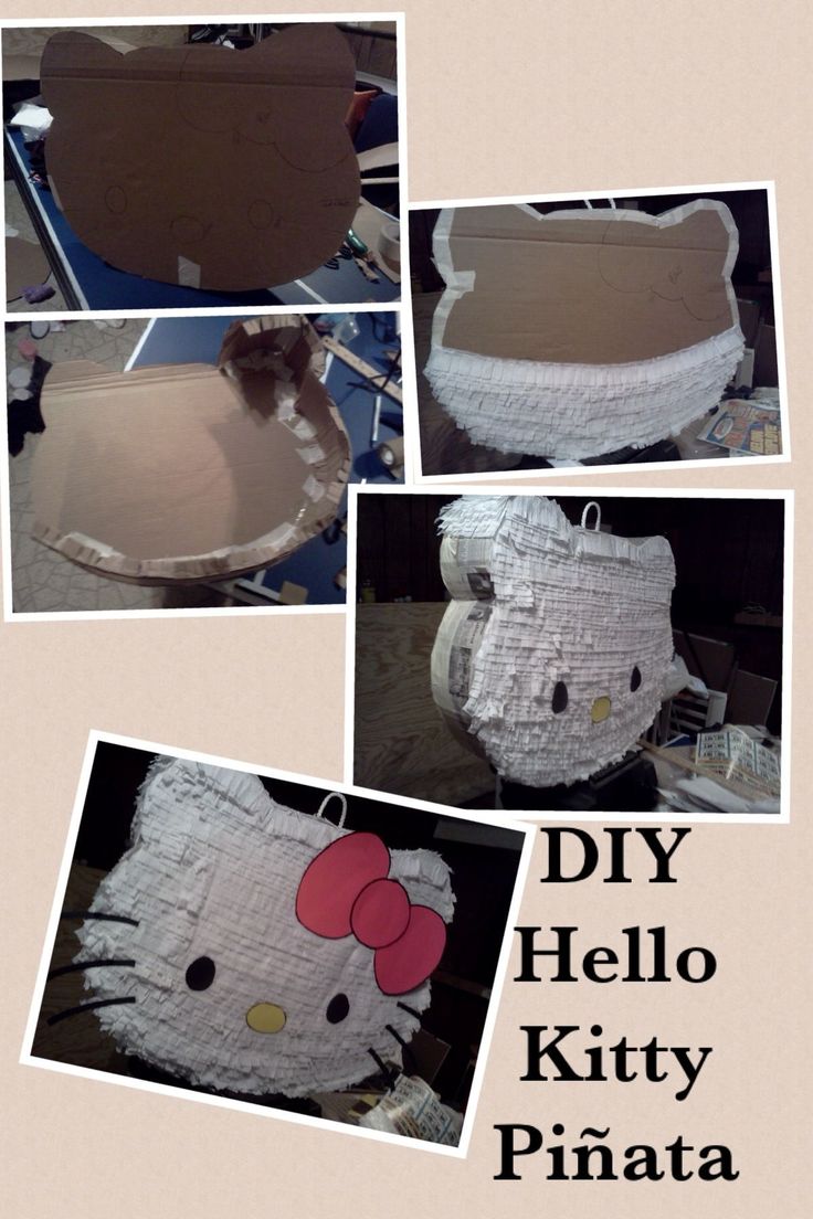 several pictures of hello kitty pinatas made out of cardboard