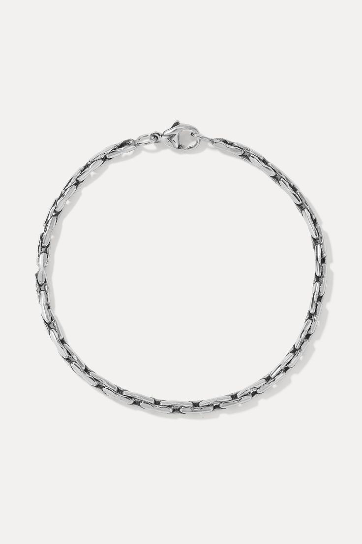 More than just a bracelet, the Vance in oxidized sterling silver is a striking expression of masculine elegance. Elevate your wrist game with this bracelet that seamlessly transitions from casual to formal. Oxidized sterling silver 3.2mm swage link chain Classic Adjustable Oxidized Chain Bracelet, Adjustable Oxidized Chain Bracelet Classic Style, Timeless Everyday Bracelet With Sterling Silver Clasp, Classic Adjustable Oxidized Sterling Silver Bracelet, Sterling Silver Link Bracelet With Stainless Steel Clasp, Classic Round Bracelets With Oxidized Finish, Classic Round Bracelet With Oxidized Finish, Elegant Gunmetal Bracelets For Everyday, Elegant Everyday Gunmetal Bracelets