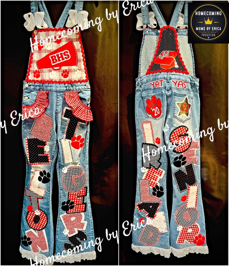 #senior #senioryear #homecoming #texas #hocobyerica #mumsinc #highschool Homecoming Overalls Senior Diy, School Spirit Overalls Ideas, Overall Homecoming Ideas, Homecoming Jeans Ideas, Spirit Overalls, Senior Painted Jeans, Painted Overalls, Senior Crown Ideas, Homecoming Spirit Week