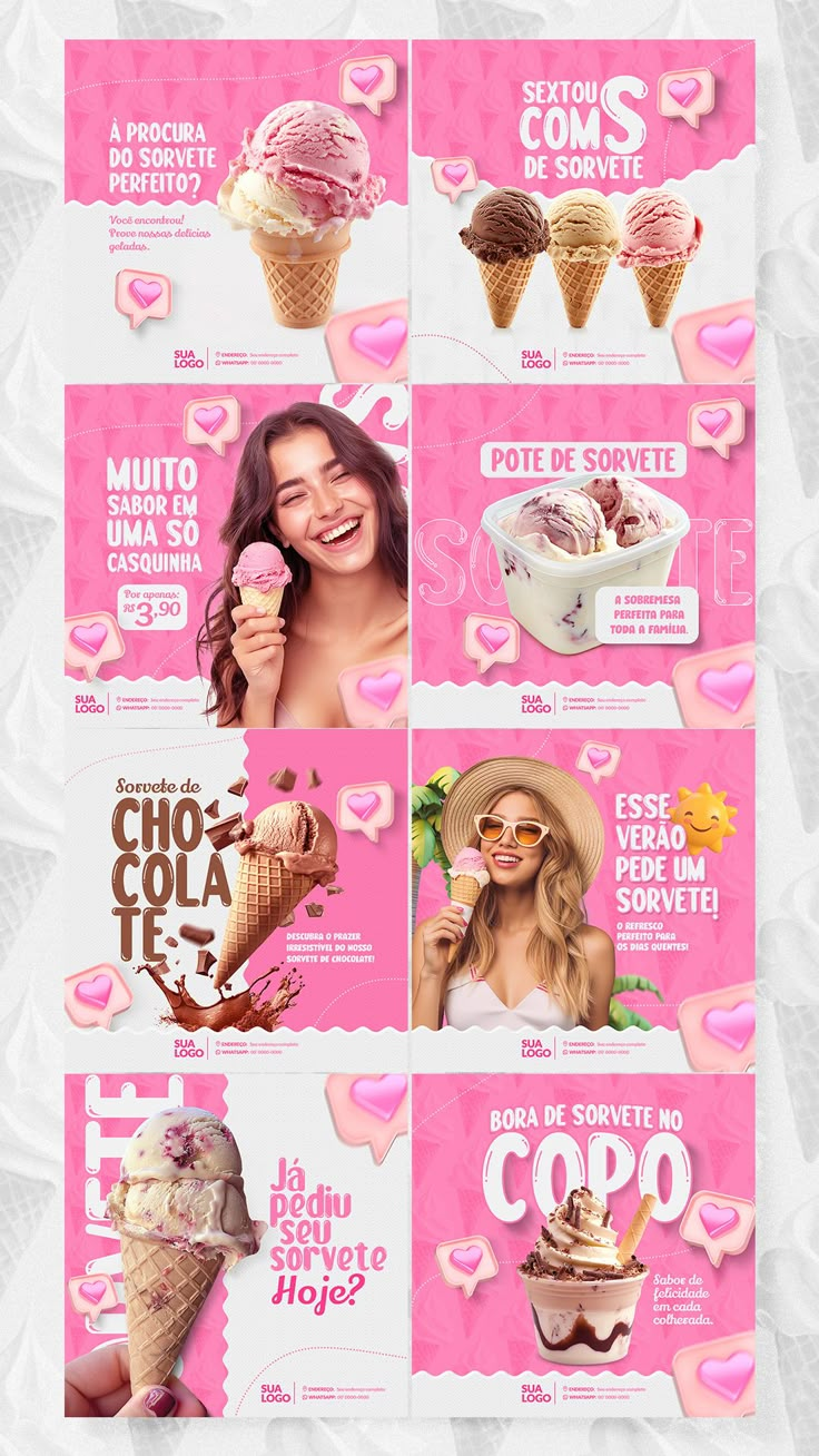 an advertisement for the ice cream shop is shown in pinks and white, with hearts