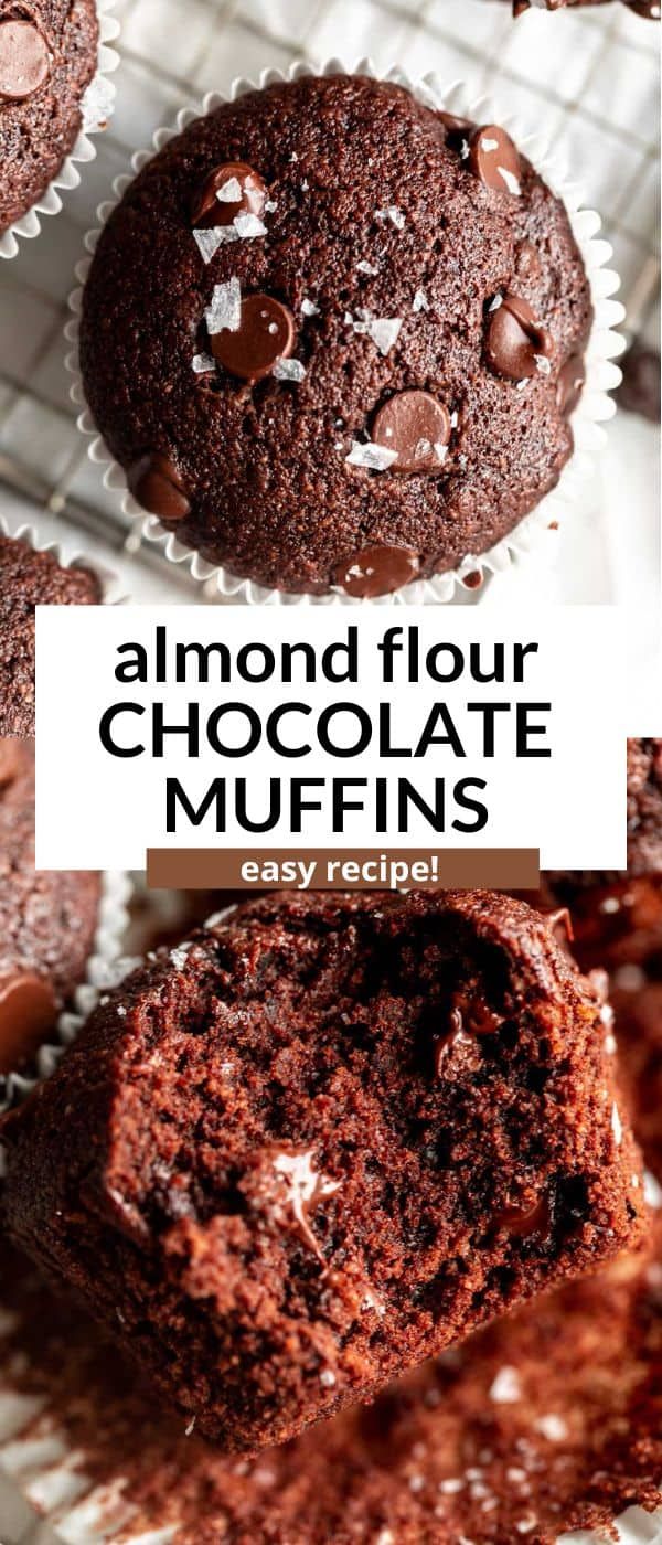 chocolate muffins with text overlay that reads, almond flour chocolate muffins easy recipe