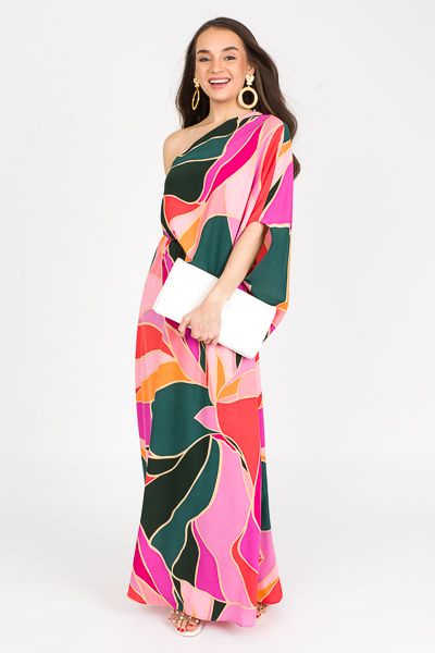 Illa Pink Metamorphosis Maxi - New Arrivals - The Blue Door Boutique Pink One-shoulder Maxi Dress, Chic Multicolor One Shoulder Maxi Dress, Chic Asymmetrical Neckline Maxi Dress For Vacation, One Shoulder Maxi Dress For Beach, Pink One-shoulder Ruched Maxi Dress, Chic Draped One Shoulder Top For Summer, One Shoulder Top With Asymmetrical Neckline For Summer Vacation, Ruched One Shoulder Maxi Dress For Summer, Pink Draped One Shoulder Summer Dress