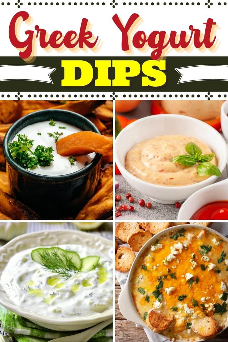 greek yogurt dips collage with text overlay that reads, greek yogurt dips