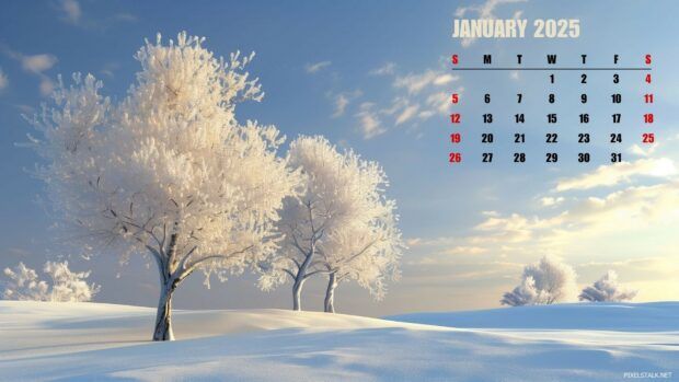 a desktop calendar with trees in the snow