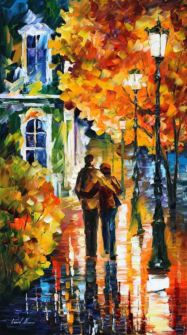 an oil painting of two people walking in the rain