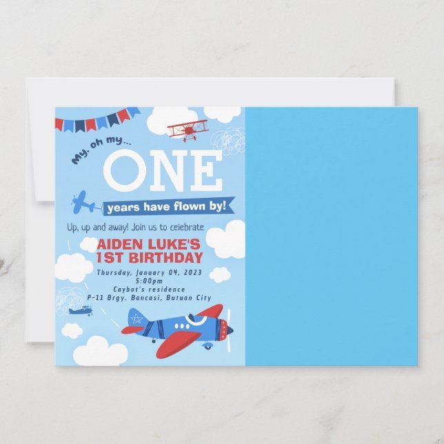 a blue birthday card with an airplane on it