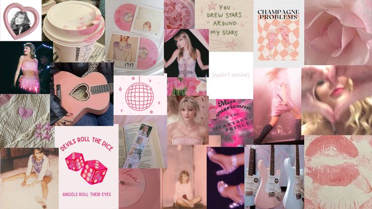 a collage of photos with pink and white items