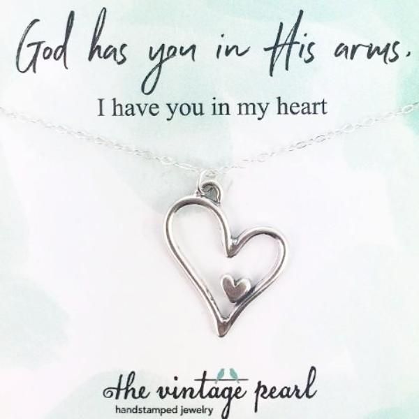 This sweet memorial necklace features a .925 sterling silver heart shaped pendant with a second tiny heart hidden within. Pendant Measures: 1 1/4" x 3/4" Product Card: "God has you in His arms, I have you in my heart" Chain Options: 18", 20", 24", & 30" double rope, rounded box, diamond cut rolo, and diamond cut be Words Of Strength, In His Arms, Heart Shaped Pendant, Pearl Necklace Vintage, Memorial Necklace, Heart Chain, Tiny Heart, Heart Shape Pendant, Memorial Jewelry