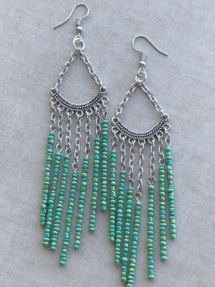 Cheap Green Beaded Earrings For Summer, Bohemian Beaded Chain Dangle Chandelier Earrings, Bohemian Beaded Chandelier Dangle Earrings, Green Dangling Bead Chandelier Earrings, Silver Chandelier Earrings With Colorful Beads, Metal Beaded Dangle Earrings, Long Drop Chandelier Earrings With Dangling Beads, Wire Earring Ideas, Dangle Earrings Diy