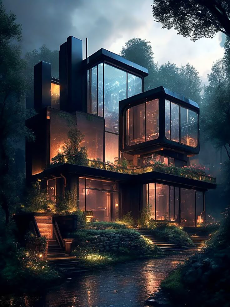 an artistic rendering of a house in the woods at night with lights shining on it