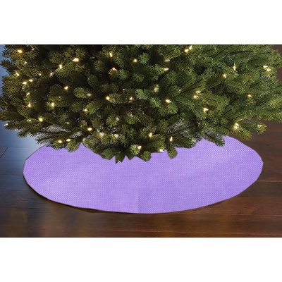 a small christmas tree in a purple potted planter on a wooden floor with white lights