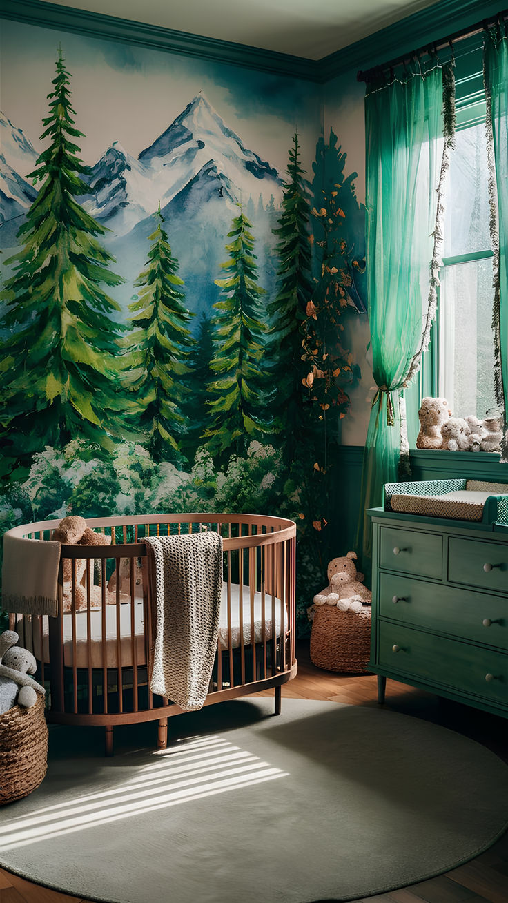 a baby's room decorated in green and white with mountains painted on the wall