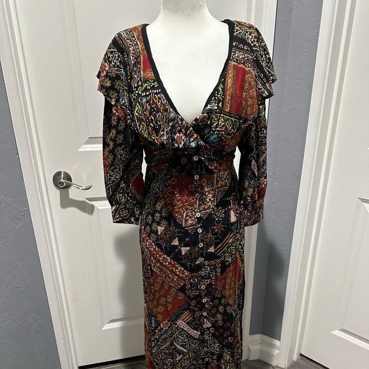 Free People Boho Dress Great Colors And Style In Black Combo P2p 16 Xs Will Fit Small Black Paisley Print Dress For Fall, Fall Black Maxi Dress With Boho Print, Casual Black Dresses With Boho Print, Casual Black Dress With Boho Print, Casual Black Boho Print Dress, Black Boho Print Maxi Dress, Casual Black Maxi Dress With Boho Print, Black Long Sleeve Dress With Boho Print, Black Paisley Print Dress For Spring