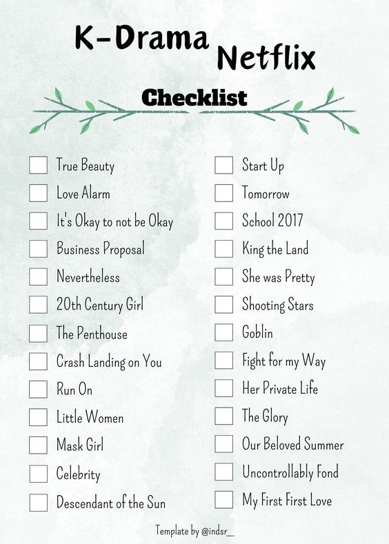 the k - drama netflix checklist is shown in green and white with black lettering