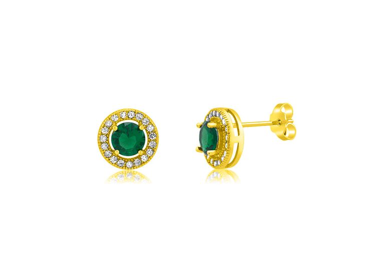 Gold-plated over sterling silver, these elegant halo earrings feature a stunning green crystal center stone that resembles genuine emerald. The intricate design highlights the beauty of the center stone with a sparkling halo of cubic zirconia, adding a touch of sophistication to any outfit. Green Halo Setting Earrings For Anniversary, Classic Emerald Earrings With Halo Design, Elegant Emerald Earrings With Halo Setting, Classic Green Halo Earrings, Fine Jewelry Green Halo Earrings, Halo Earrings, Green Crystal, Green Crystals, Intricate Design