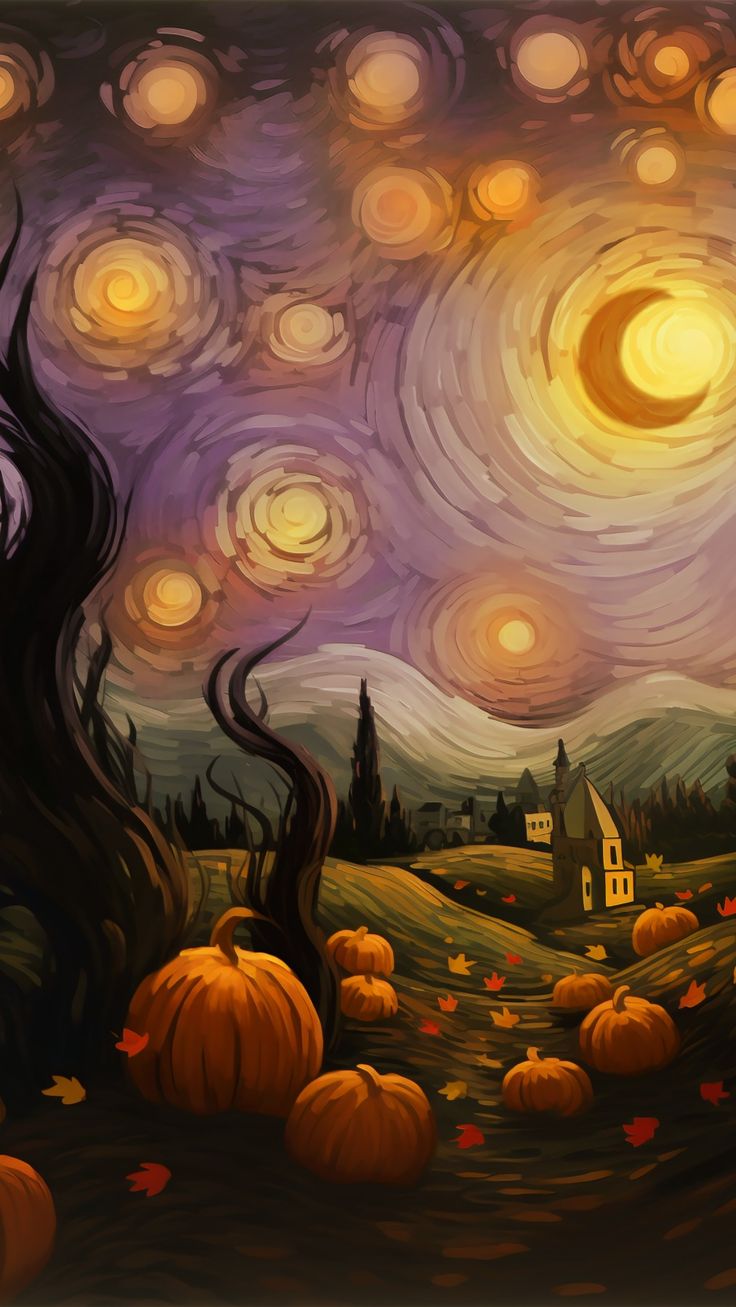 Fall Starry Night Canvas Wrap Wall Decor with orange hues, pumpkins, and leaves inspired by van Gogh's masterpiece. Pumpkin Art On Canvas, Fall Inspired Painting Ideas, Diy Canvas Projects, Fall Season Painting, Van Gogh Pumpkin Painting, Starry Night Pumpkin Painting, Fall Painting For Beginners, Pumpkin Patch Painting On Canvas, Halloween Theme Art