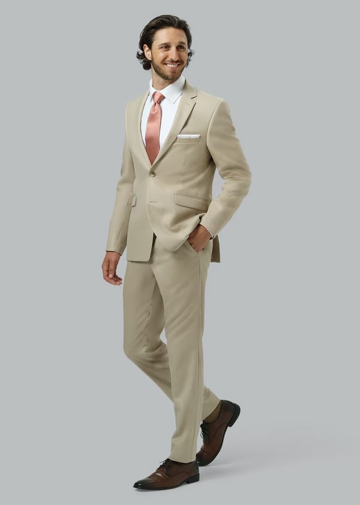 Tan Suit | Menguin Beige Suits For Business In Spring, Tailored Beige Suit For Spring, Tailored Beige Spring Suit, Spring Beige Business Suits, Spring Beige Tailored Suit, Beige Business Casual Suits With Flat Front, Beige Suits For Business Casual With Flat Front, Beige Notch Lapel Blazer For Groom, Beige Blazer For Groom