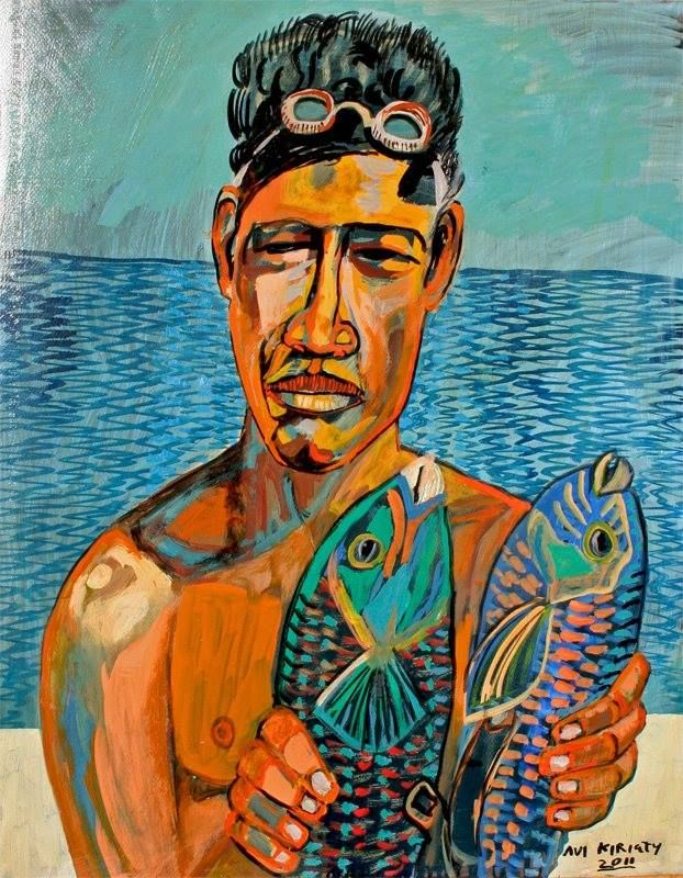 a painting of a man holding two fish