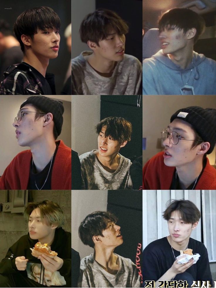 many different images of young men eating food and looking at each other's eyes