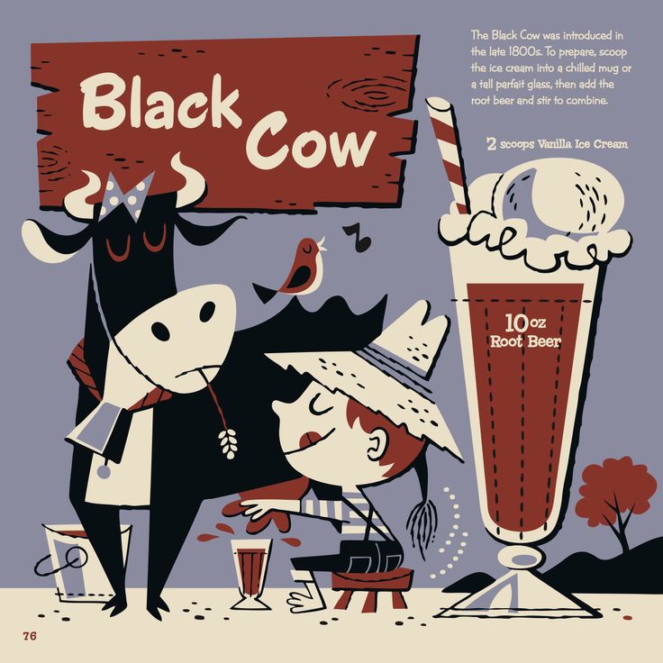 an advertisement for black cow milkshake featuring two cows and a man with a drink