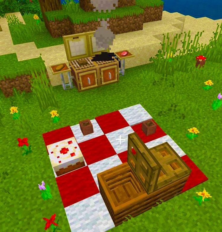 Minecraft Picnic Basket, Minecraft Picknick Table, Minecraft Picnic Ideas, Minecraft Picnic Table, Minecraft Patio Ideas, Minecraft Date Ideas, Minecraft Picnic, Minecraft Crafting Recipes, Minecraft Shops